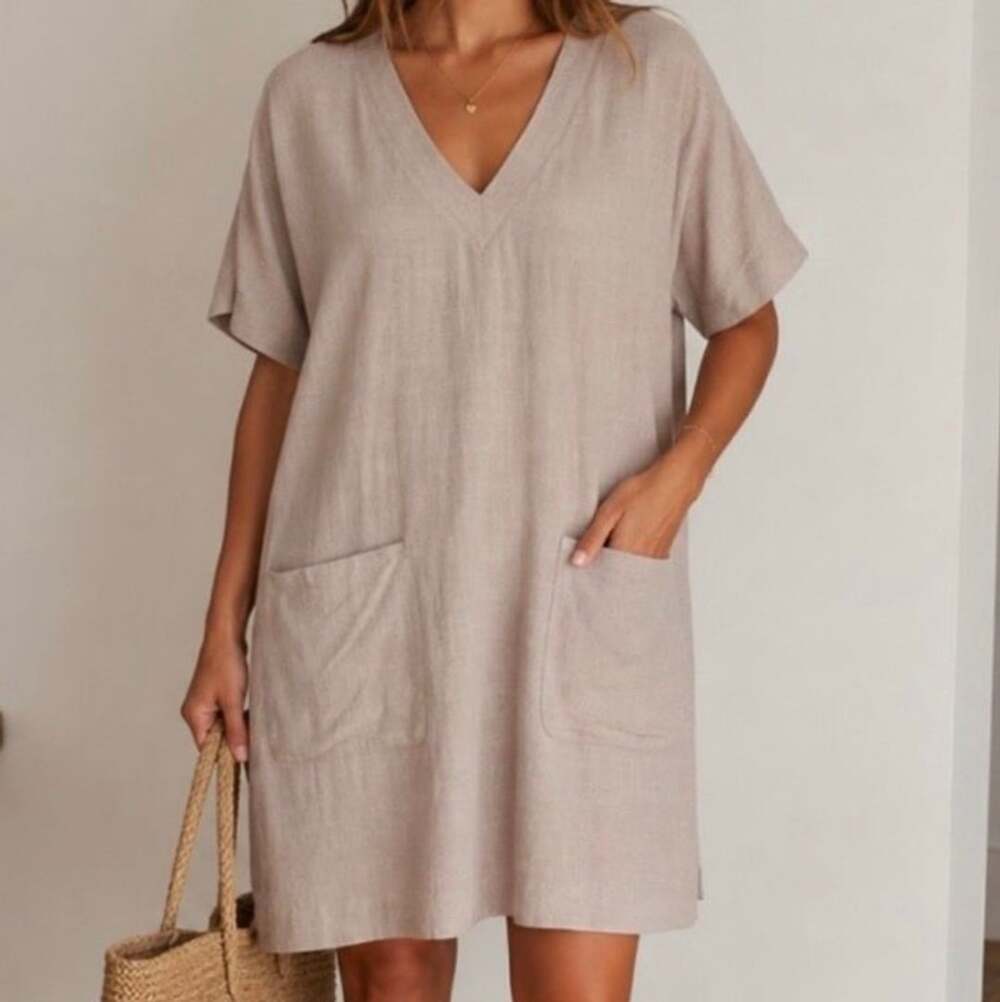 Splendid Linen Blend V Neck Shift Dress Taupe Pockets Short Sleeve Women's S